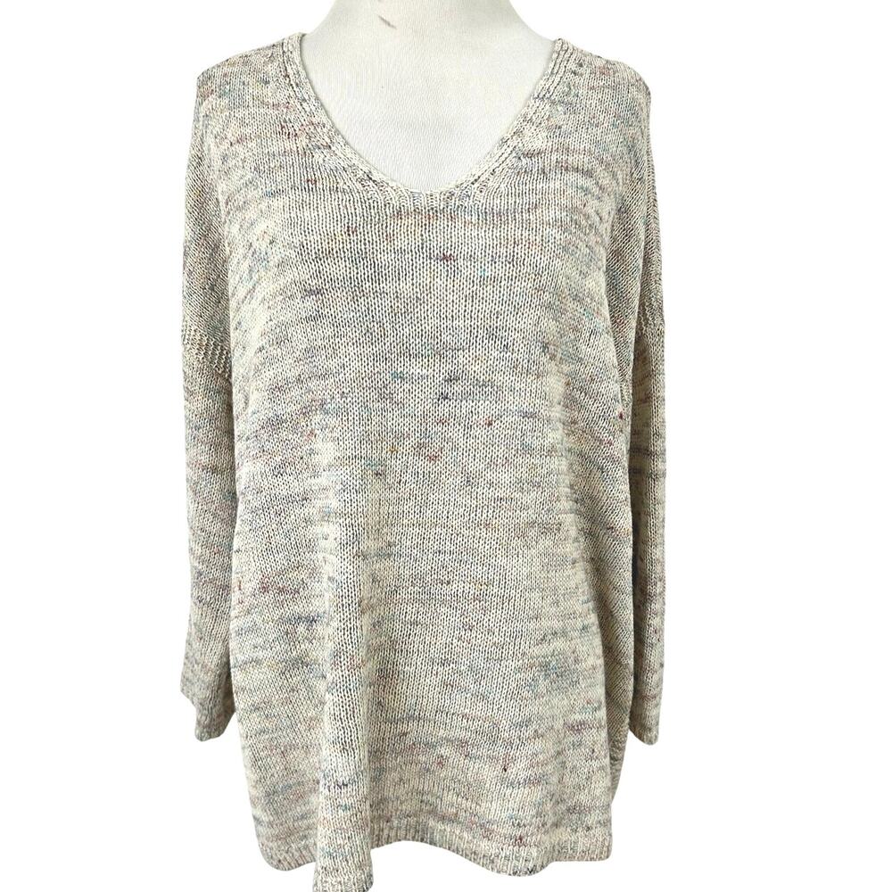 J.Jill Confetti Knit Tunic Sweater Large Beige V Neck Lightweight Slouchy Boho